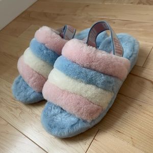 NEW UGG Unisex Pride Cotton Candy Rainbow Fluff Yeah Slippers Shearling Size 38